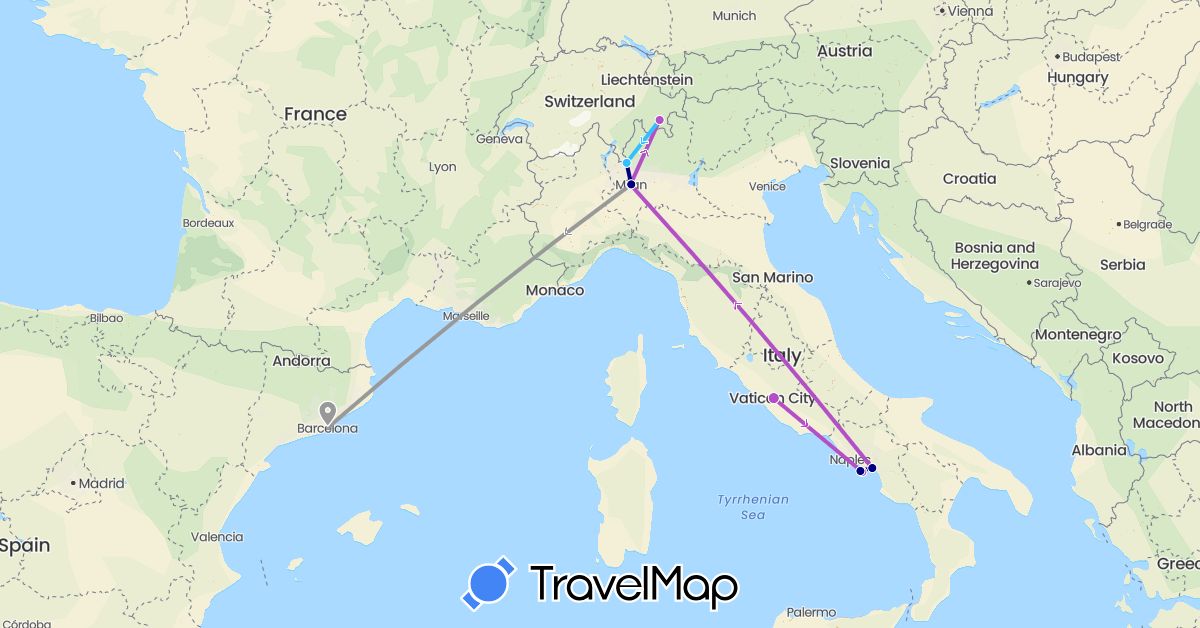 TravelMap itinerary: driving, plane, train, boat in Switzerland, Spain, Italy (Europe)